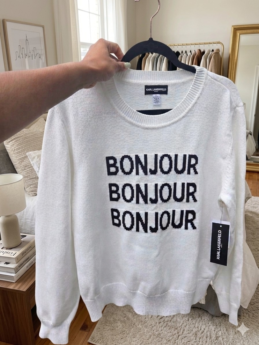 Karl Lagerfeld White Crewneck Sweater with Black 'BONJOUR'